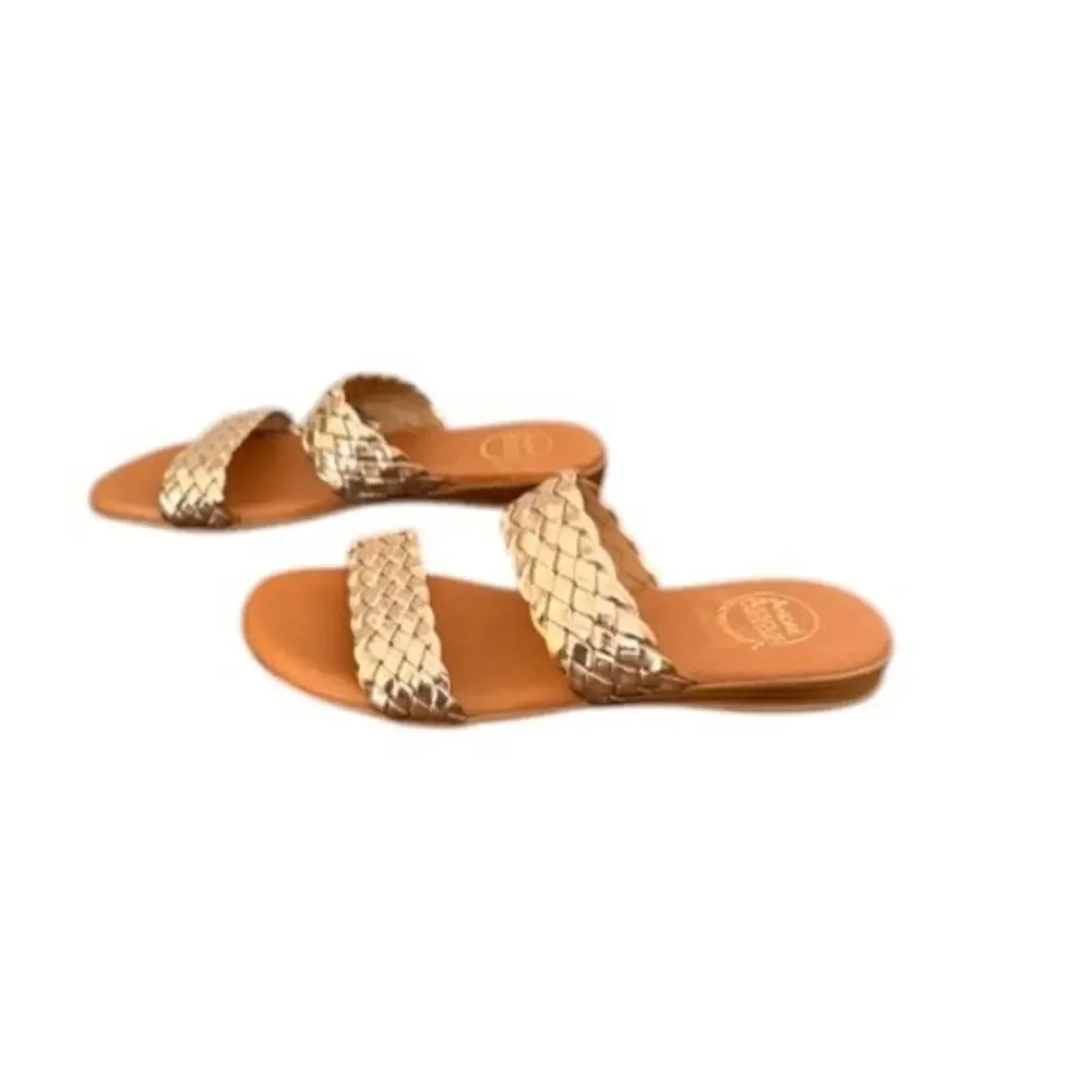 Andre Assous Naria Gold Woven Leather Slides Sz 10 Made Spain NWT $129